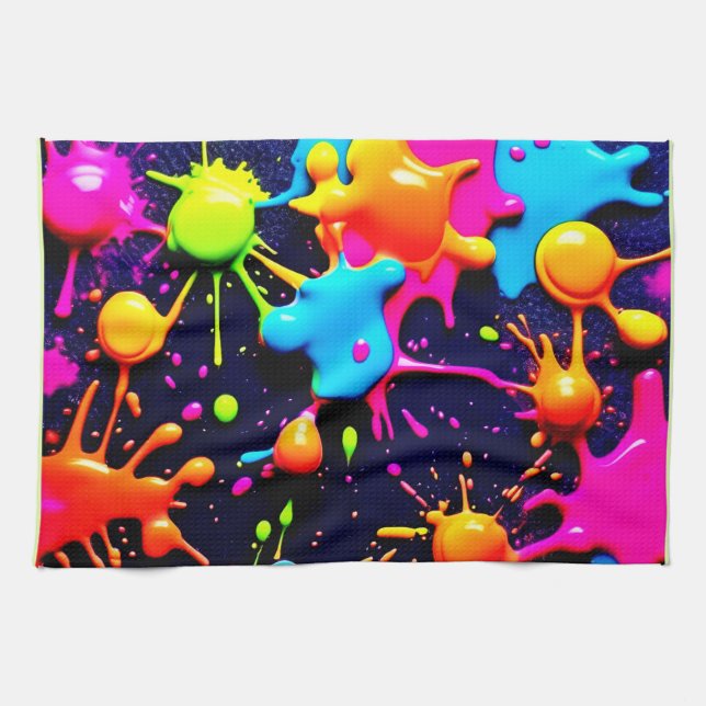 Neon Paint Splatter Abstrakt Art Kökshandduk (Horisontell)
