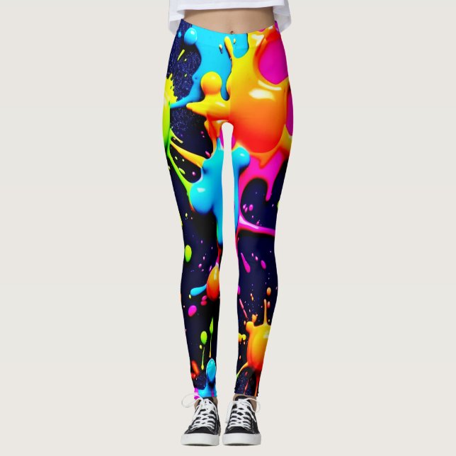 Neon Paint Splatter Abstrakt Art Leggings (Framsida)