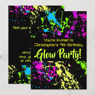 Neon Paint Splatter Glow /Laser Märkre Födelsedags Inbjudningar