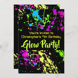 Neon Paint Splatter Glow /Laser Märkre Födelsedags Inbjudningar