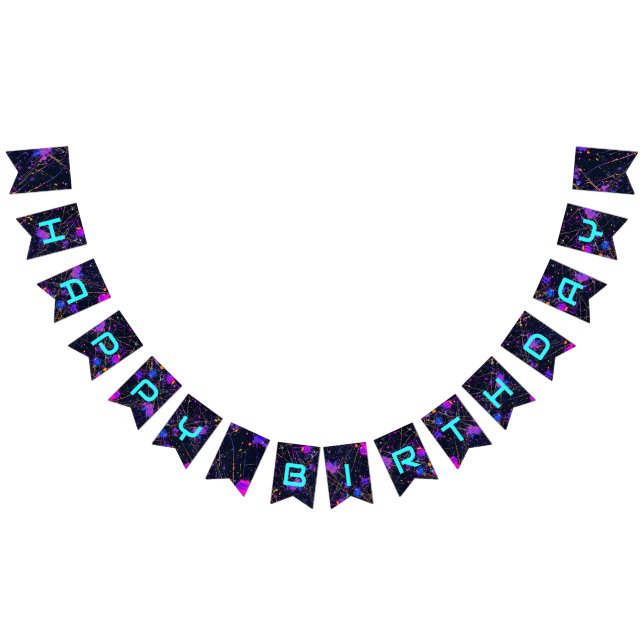 Neon Paint Splatter Grattis på födelsedagen Vimplar (Alla)