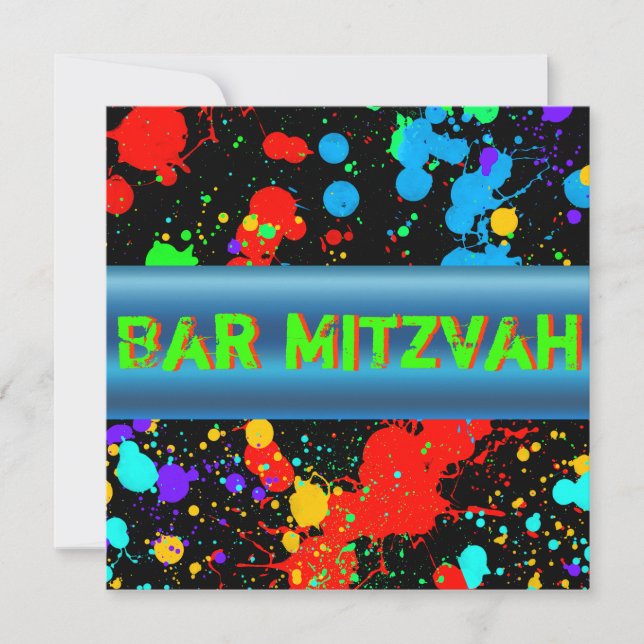 Neon Paint Splatter, inbjudan till Pub Mitzvah (Framsida)