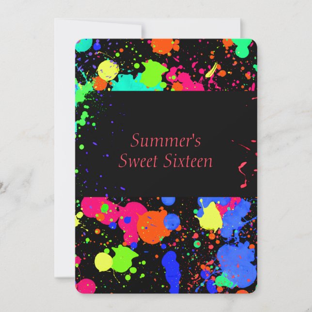Neon Paint Splatter, inbjudan till Sweet sixteen (Framsida)