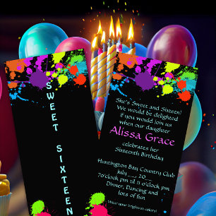 Neon Paint Splatter, inbjudan till Sweet sixteen