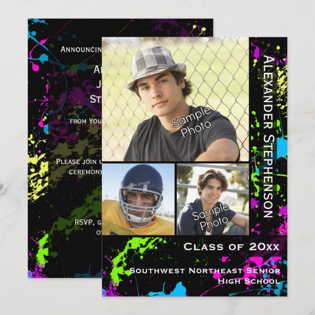 Neon Paint Splatter Photo Studenten Inbjudningar (Fram/baksida)