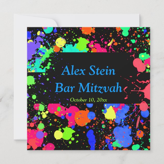 Neon Paint Splatter, Pub / Bat mitzvah inbjudan (Framsida)