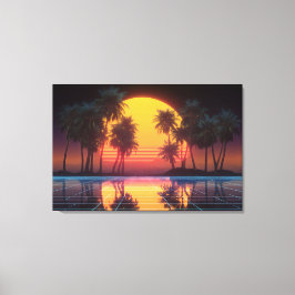 Neon Palm Grid Sunset Canvastryck