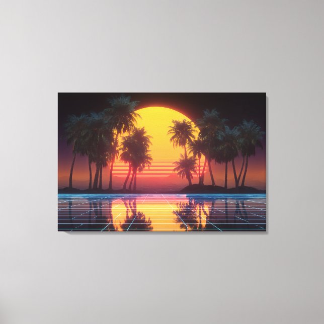 Neon Palm Grid Sunset Canvastryck (Framsida)