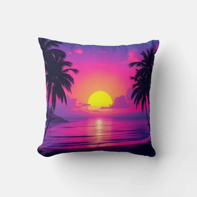Neon Palm Solnedgång och Blå Glöd Oasis Kudde (Framsida)