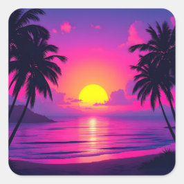 Neon Palm Solnedgång – Vaporwave Tropisk Estetik Fyrkantigt Klistermärke