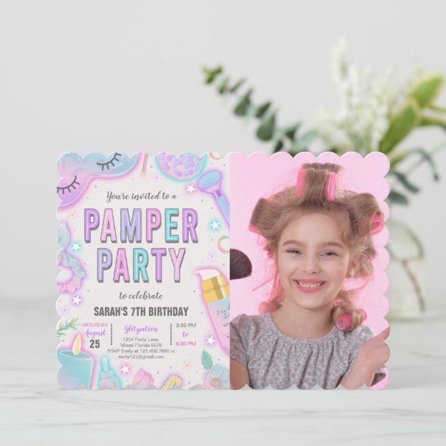 Neon Pamper Spa Party Birthday Photo Inbjudningar (Stående Fram)