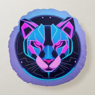 Neon Panter Ansikte I Geometrisk Futuristisk Stil  Rund Kudde