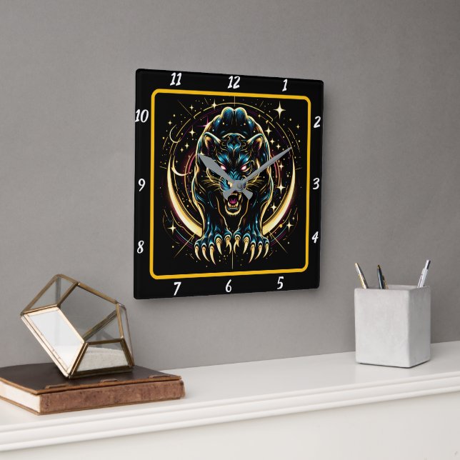 Neon Panther Midnight Glow Timekeeper Fyrkantig Klocka (Kontor)