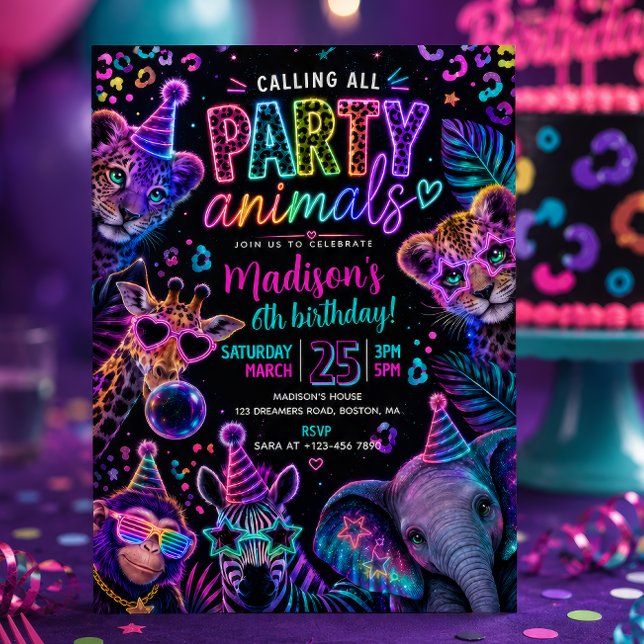 Neon Party Animals Födelsedag  Inbjudningar (Skapare uppladdad)