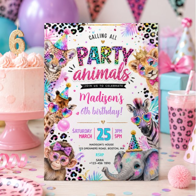 Neon Party Animals Födelsedag  Inbjudningar (Skapare uppladdad)
