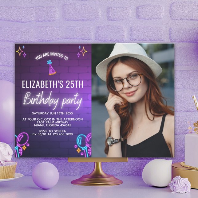 Neon Party Birthday Invitation Photo Design Inbjudningar (Skapare uppladdad)