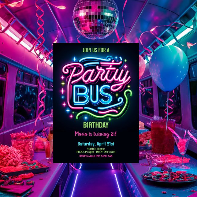 Neon Party Buss 21:a födelsedagsinbjudan Inbjudningar (Skapare uppladdad)