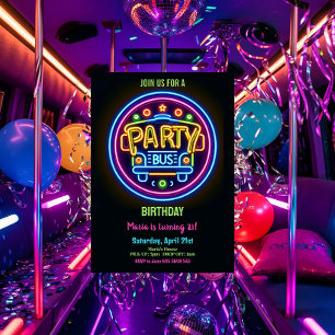 Neon Party Buss Glow Hopping 21:a födelsedagen Inbjudningar