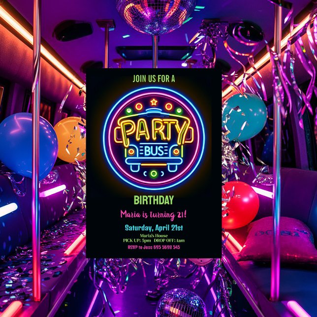 Neon Party Buss Glow Hopping 21:a födelsedagen Inbjudningar (Skapare uppladdad)