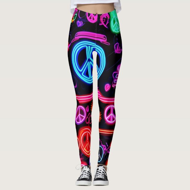 Neon Peace Symbol Mönster Leggings (Framsida)