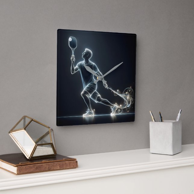 Neon Pickleball Player Fyrkantig Klocka (Kontor)