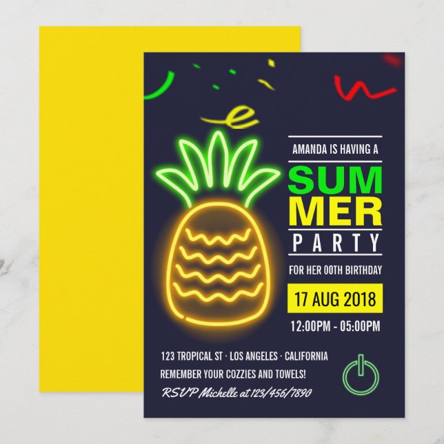Neon Pineapple Sommar Födelsedagsfest inbjudan (Fram/baksida)