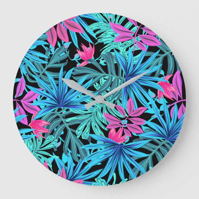 Neon Pink and Blue Tropical Plant Pattern Stor Klocka (Framsida)