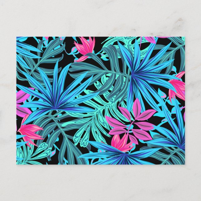 Neon Pink and Blue Tropical Plant Pattern Vykort (Framsida)