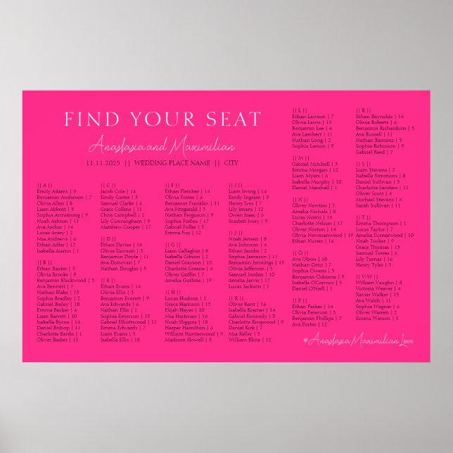 Neon Pink Basic Wedding Alphabetical Seating Chart Poster (Framsidan)