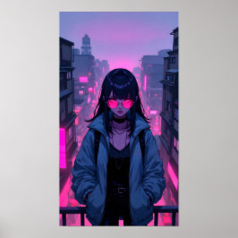 Neon Pink Cyberpunk Girl City Portrait Poster