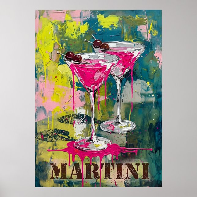 Neon Pink Martini Pop Art: Modernes Cocktail Gemäl Poster (Framsidan)