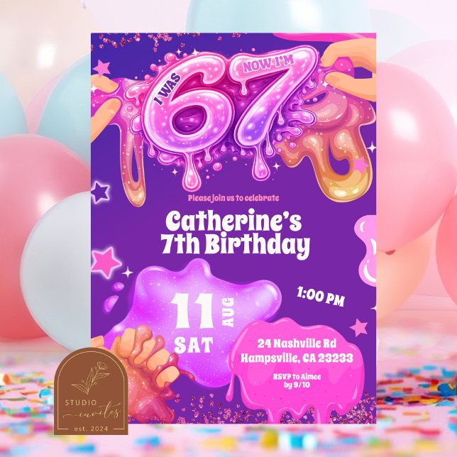 Neon Pink Purple Slime 67 Birthday Invitation Inbjudningar (Skapare uppladdad)