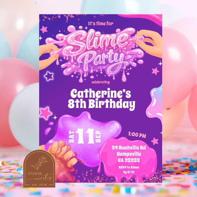 Neon Pink Purple Slime Birthday Invitation Inbjudningar (Skapare uppladdad)