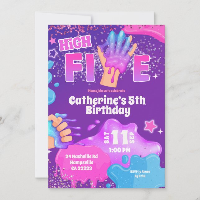Neon Pink Purple Slime High Five Birthday Invitati Inbjudningar (Framsida)