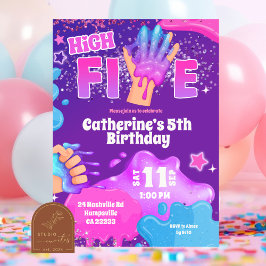 Neon Pink Purple Slime High Five Birthday Invitati Inbjudningar