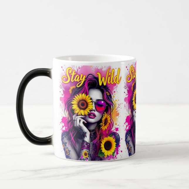 Neon Pink Splash Boho Wild Girl Sunflower Magic Magisk Mugg (Vänster)