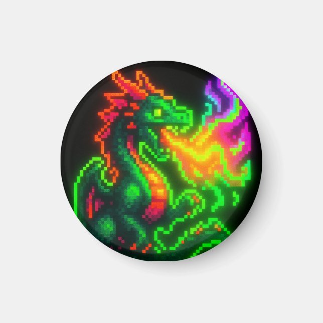 Neon Pixel Dragon - Retro Arcade Flame Design Magnet (Framsidan)