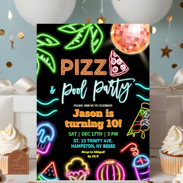 Neon Pizza Pool Party Barnkalas Inbjudningar (Skapare uppladdad)