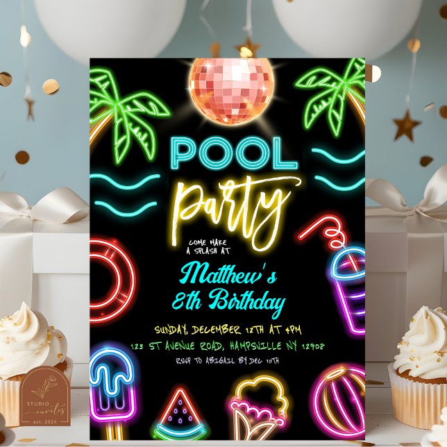 Neon pool party barnkalas inbjudningar (Skapare uppladdad)