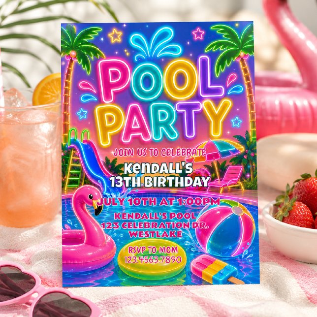 Neon Pool Party Födelsedag | Glödande sommar  Inbjudningar (Skapare uppladdad)