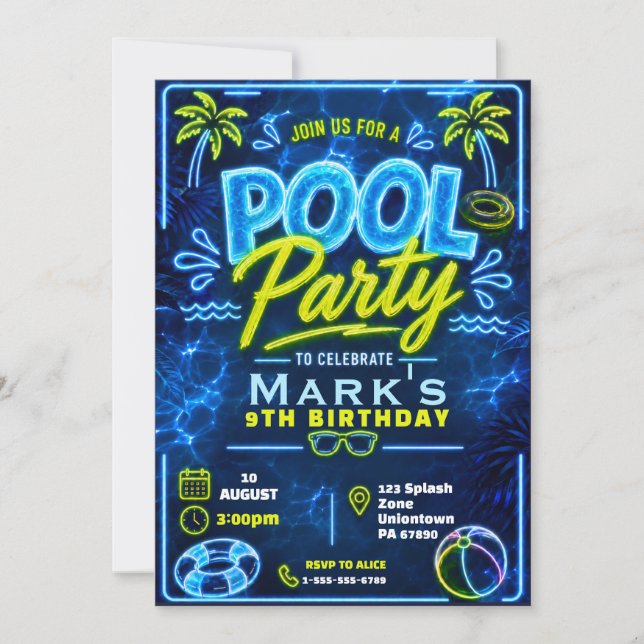 Neon pool party pojk födelsedag inbjudningar (Framsida)