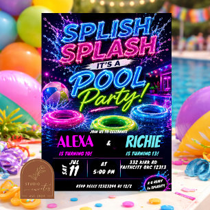 Neon pool party pojke flicka syskon tonåring inbju inbjudningar