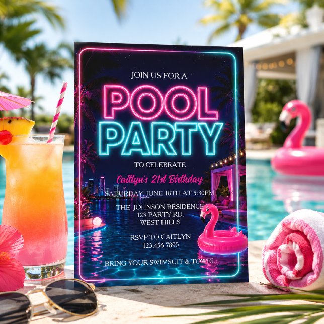 Neon Pool Party, sommarpool fest Inbjudningar (Skapare uppladdad)