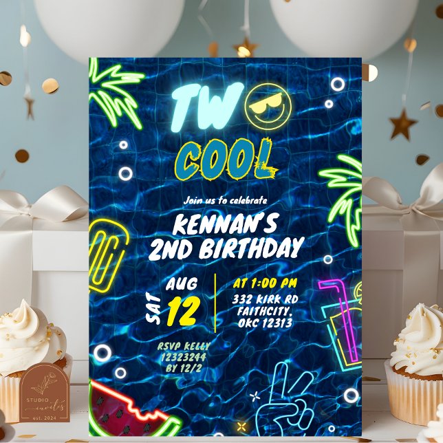 Neon Pool Sommar Två Cool 2-års Födelsedag Inbjudningar (Skapare uppladdad)
