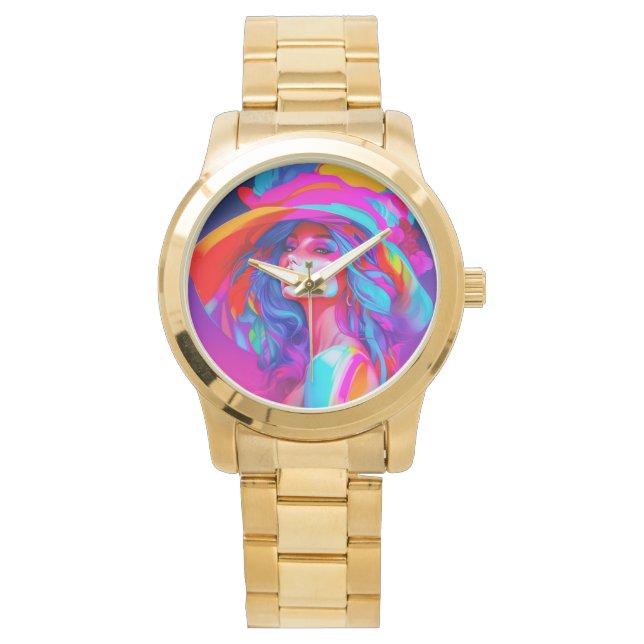 Neon Pop Art Porträtt Armbandsur (Framsida)