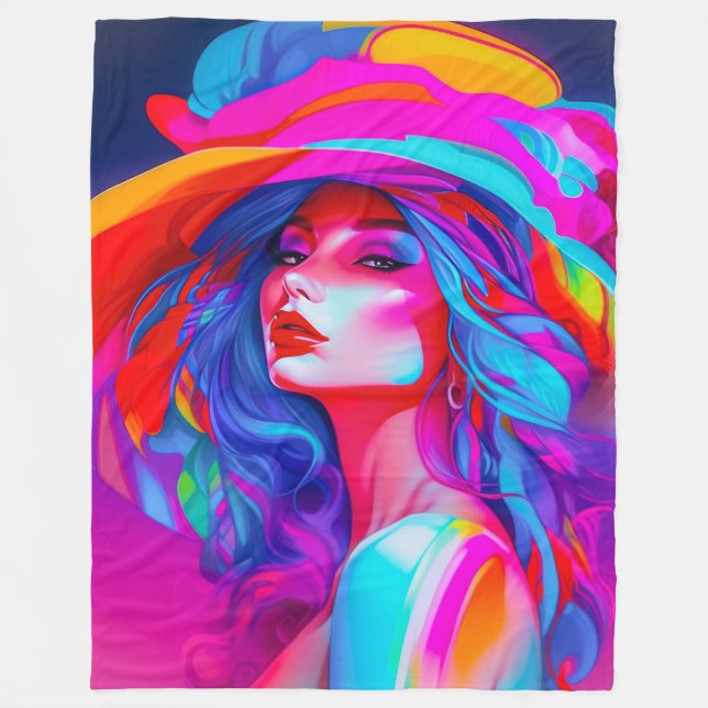 Neon Pop Art Porträtt Fleecefilt (Framsidan)