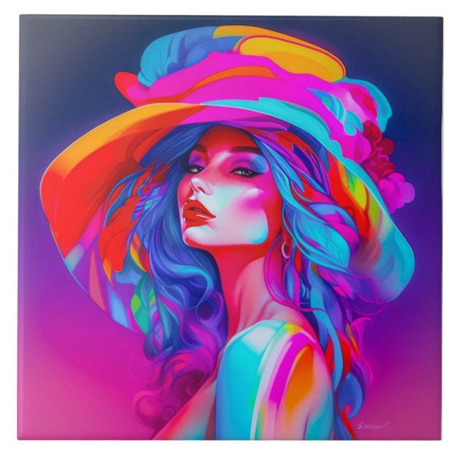 Neon Pop Art Porträtt Kakelplatta (Framsidan)