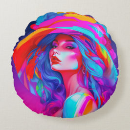 Neon Pop Art Porträtt Rund Kudde