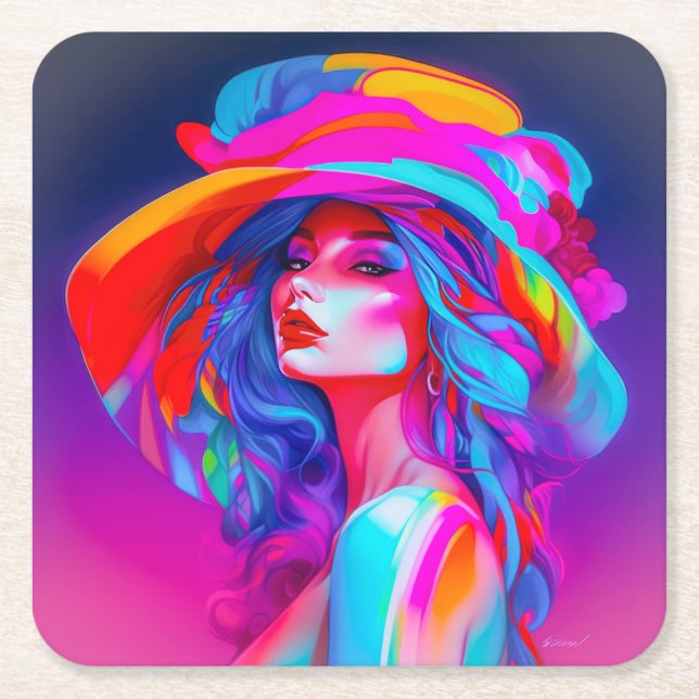 Neon Pop Art Porträtt Underlägg Papper Kvadrat (Framsidan)