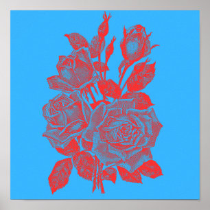 Neon Pop-Art Rosor: Vibrerande Röd Gravyr Poster